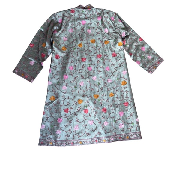 Vintage smoke-green long Kashmiri jacket embroidered size M - Picture 6 of 10